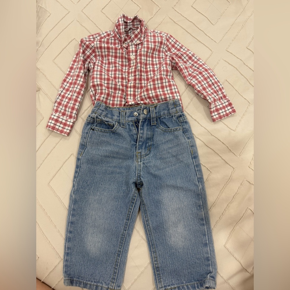 18-24 Red Plaid Shirt and Blue Jeans Set